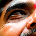 A person with red, swollen eyes looking up at the sky during a monsoon in Delhi.